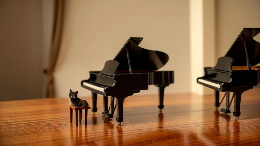 (Highest quality: 1.4), High resolution, 8K, Anime chic, Cozy jazz cafe with dim and warm lighting, A sophisticated cat wearing a tiny fedora and bow tie sits at a grand piano、Playing jazz music, The cat's paws move gracefully across the keyboard.、Eyes half-closed in concentration, In the background、There are a few small tables where customers can sit and enjoy their drinks.、There's a vintage record player and shelves filled with old jazz records., The smoke drifts gently、Create a nostalgic and atmospheric scene, The overall atmosphere is relaxed and a little melancholic.、It captures the essence of a classic jazz bar., 1 piano。