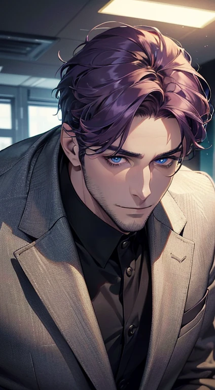 (best quality,4k,8k,highres,masterpiece:1.2),ultra-detailed,(realistic,photorealistic,photo-realistic:1.37),1 man,31 years old,mature man,very handsome,without expression,smile,short purple hair,blue eyes,penetrating gaze,perfect face without errors,imposing posture,businessman,office background,cinematic lighting,hdr image