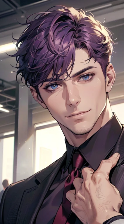 (best quality,4k,8k,highres,masterpiece:1.2),ultra-detailed,(realistic,photorealistic,photo-realistic:1.37),1 man,31 years old,mature man,very handsome,without expression,smile,short purple hair,blue eyes,penetrating gaze,perfect face without errors,imposing posture,businessman,office background,cinematic lighting,hdr image