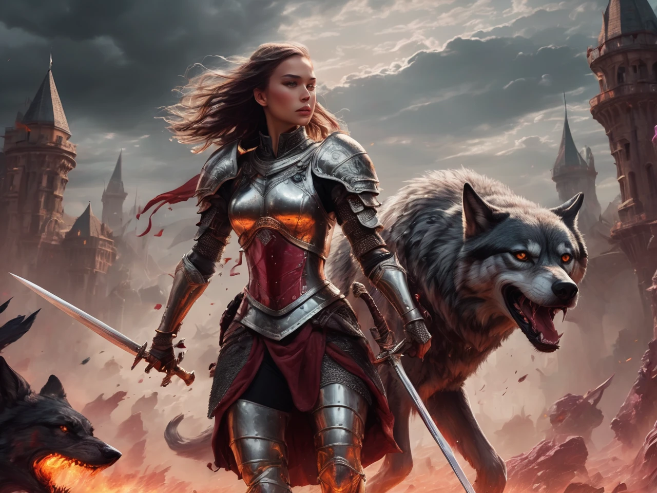 In this captivating fantasy illustration, a fearless female knight adorns an intricate armor made of ruby and polymer materials. She lunges forward with agility and grace, her sword drawn and ready. The background is a chaotic battlefield, filled with mutant creatures and dark, ominous clouds. Her loyal companion, a massive, powerful magical wolf, stands by her side, ready to protect her from any danger. The 3D render of this artwork is visually striking, with dynamic lighting and a high level of detail, making it perfect for a poster or illustration, Cinematic film still, shot on v-raptor XL, film grain, vignette, color graded, post-processed, cinematic lighting, 35mm film, live-action, best quality, atmospheric, a masterpiece, epic, stunning, dramatic