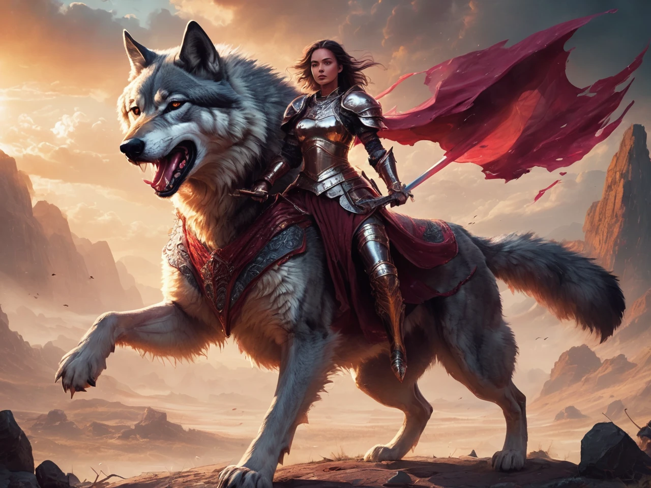 In this captivating fantasy illustration, a fearless female knight adorns an intricate armor made of ruby and polymer materials. She lunges forward with agility and grace, her sword drawn and ready. The background is a chaotic battlefield, filled with mutant creatures and dark, ominous clouds. Her loyal companion, a massive, powerful magical wolf, stands by her side, ready to protect her from any danger. The 3D render of this artwork is visually striking, with dynamic lighting and a high level of detail, making it perfect for a poster or illustration, Cinematic film still, shot on v-raptor XL, film grain, vignette, color graded, post-processed, cinematic lighting, 35mm film, live-action, best quality, atmospheric, a masterpiece, epic, stunning, dramatic