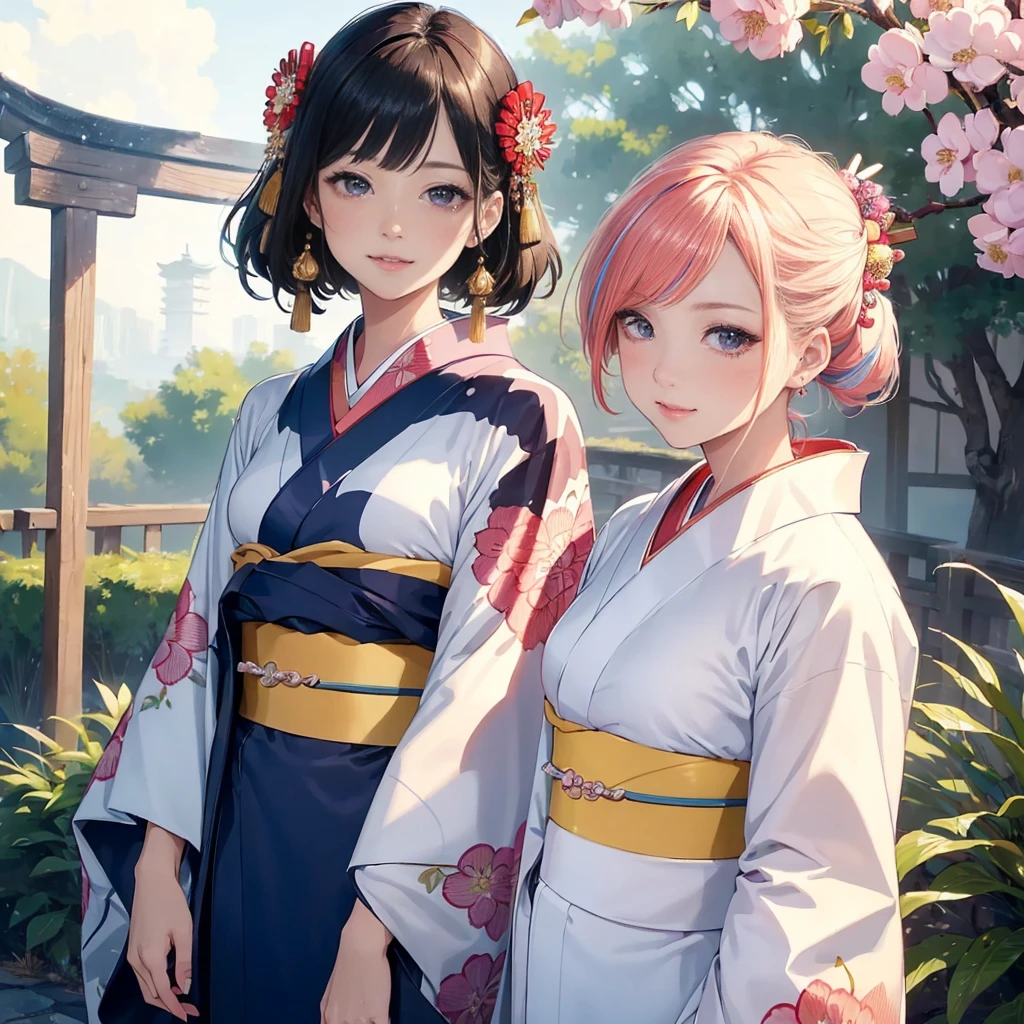 masterpiece、Highest quality、High resolution、High-quality images、8K, 1 female、Skin Radiance、Texture of skin and clothing、Expression of fine eyes、realism, detailed manga style, Manga art style, Perfect Line Drawing, Beautiful line art, digital manga art girl, K-POPアイドル, Fuller lips, Gorgeous face with attention to detail, (Cute Smile), attractive, (Perfectly detailed face), (Detailed and carefully drawn hand) Photorealistic images, Written boundary depth, Japanese style princess cut hairstyle, best quality, masterpiece,
New Year, (Kimono with strikingly beautiful colors:1.7),
Three Japanese high-school cute girls, looking straight, gently smiling,
white short scarf, white feather shawl,
(separately side by side:1.4),
(The image shows only the upper body:1.7),
shrine background,