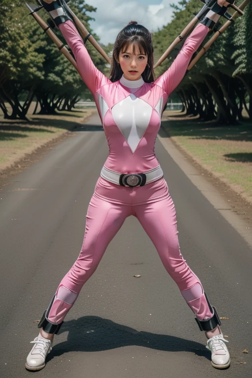 pink theme,pink ranger suit、curvy, big breats, full body, tied on Saint Andrew's cross in X position