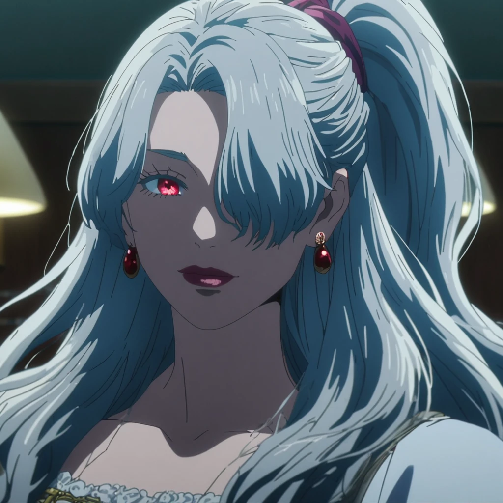 1girl, female gojo satoru, anime screencap from jujutsu kaisen, gojo satoru female version, solo, long_hair, Red eyes (silver_hair) upper_body, smile, indoors, book, red_eyes, lips, ( ponytail) ((wearing princess outfit), "very detailed and high resolution" (Red eyes)  ((long hair, hair over one eyes)) ((solo)) (earings) ((high resolution)) ((good quality)) ((side bangs)) ((full body))