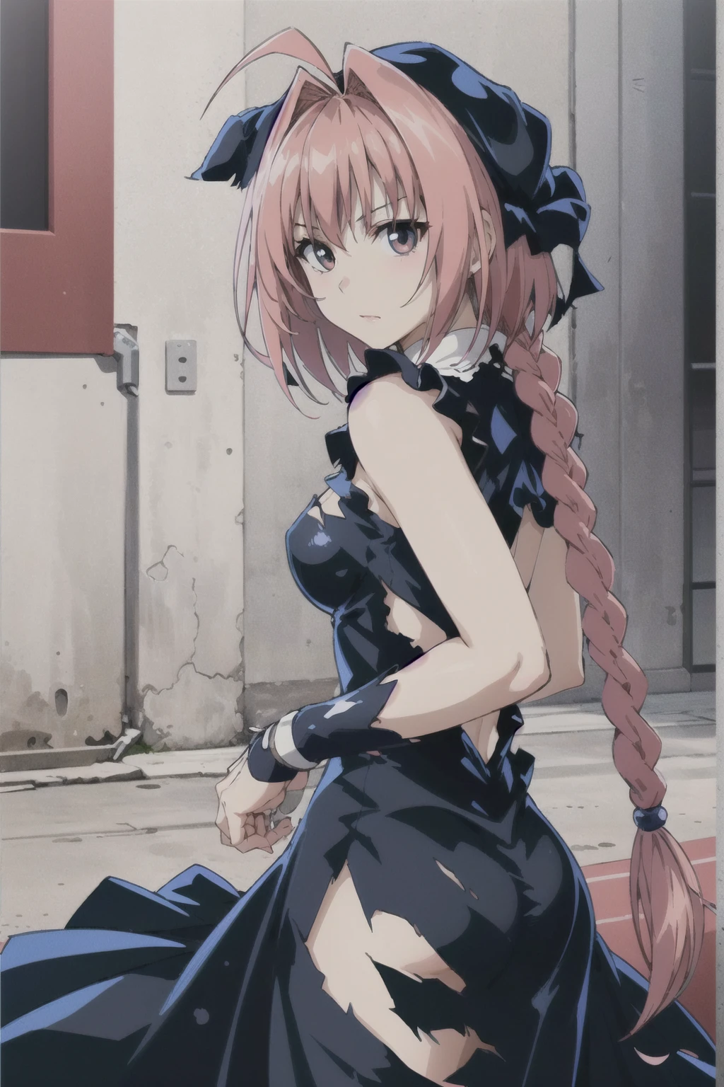 masterpiece, Highest quality,High resolution,Dorothy, Pink Hair、Black eyes、Large pupil、Braid, Black Dress、Cowboy Shot、Line art、Pencil drawing、 fully exposed、Torn Dress、NSFW、Outdoors