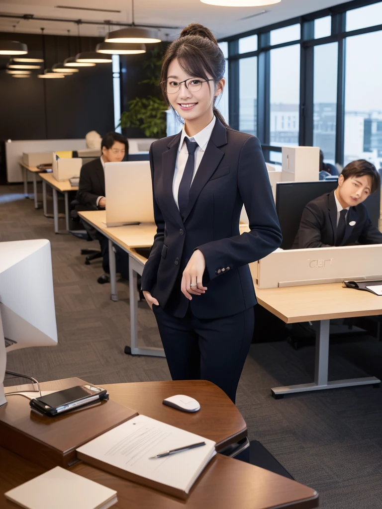 masterpiece、超High resolution、She is very cute and young like an idol...々Cute 18 year old business woman、Gentle and cute、A kind smile、bikini、Medium Bust、(((bikini姿の沢山の女性従業員が働く)))、((Male employees are in suits))、((Working in an office with a business desk in a building)).　whole body、RAW Photos、Genuine、High resolution、Live Action