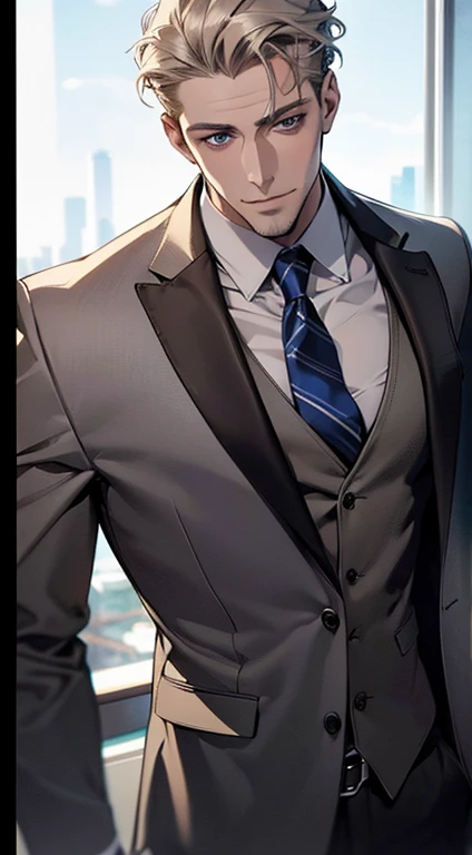 (best quality,4k,8k,highres,masterpiece:1.2),ultra-detailed,(realistic,photorealistic,photo-realistic:1.37),1 man,31 years old,mature man,very handsome,without expression,smile,short grey golden hair,blue eyes,penetrating gaze,perfect face without errors,imposing posture,businessman,office background,cinematic lighting,hdr image