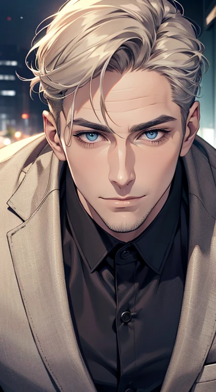 (best quality,4k,8k,highres,masterpiece:1.2),ultra-detailed,(realistic,photorealistic,photo-realistic:1.37),1 man,31 years old,mature man,very handsome,without expression,smile,short grey golden hair,blue eyes,penetrating gaze,perfect face without errors,imposing posture,businessman,office background,cinematic lighting,hdr image