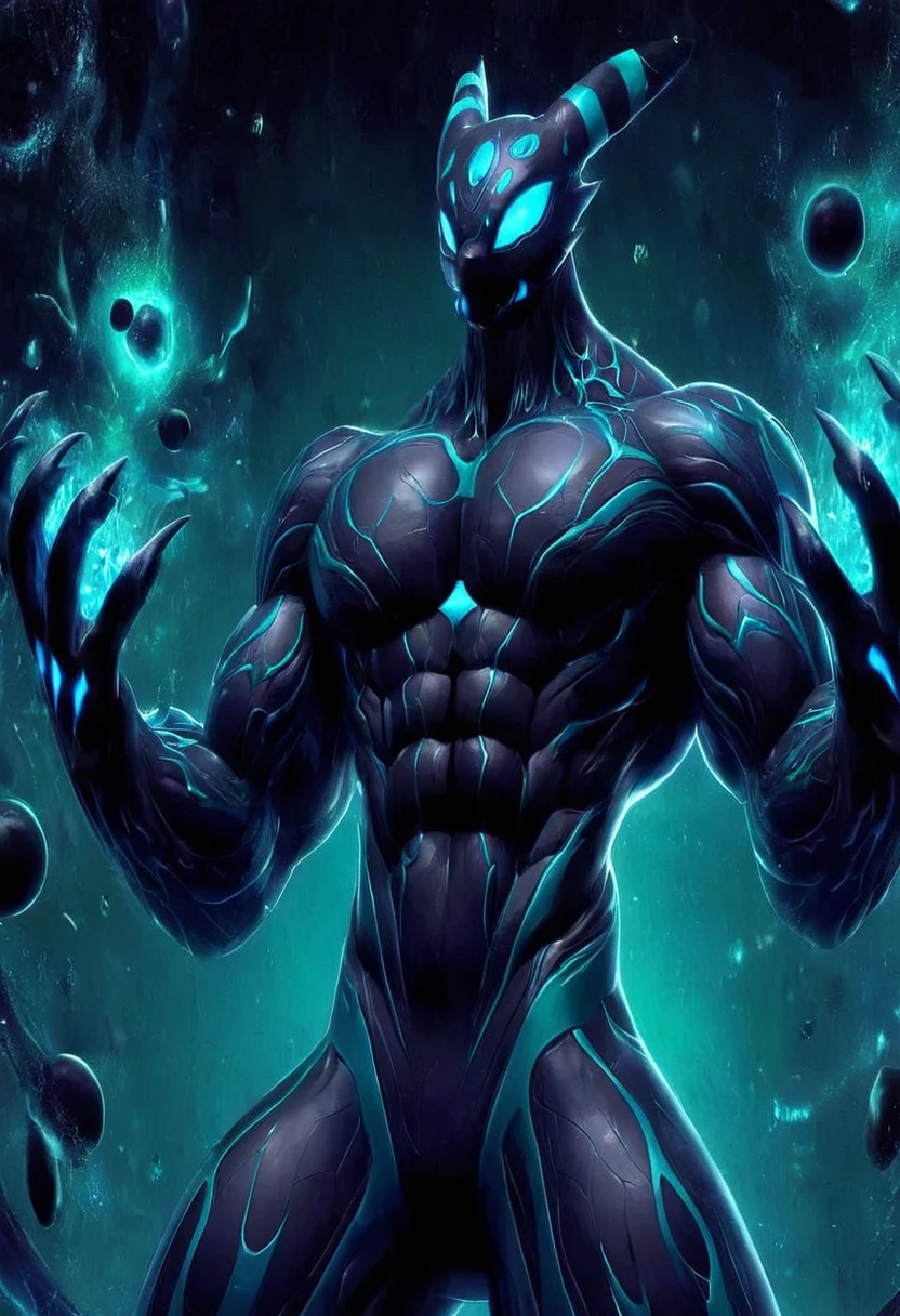 Grim, the shiny umbreon zygarde symbiote smiling for his new "form", his eyes are his usual amber eyes, but now have a green underline in eachone that look like zygarde's one, his neck now have the zygarde's 10% neck mark, his chest now have a mark over his pecs that look like zygarde's blue and red mark from his full form. His ring from each arm and leg are also continued with the hexagonal like arm belt like if was a tattoo. His only umbreon tail end with the snake like form and have a hexagon mark like if was an eye. With one arm is creating a dark goo core, and with the othet is creating a green one, two more arms are coming from his back and partially opening his abs, like he was a living suit filles with tendrils inviting to wear him