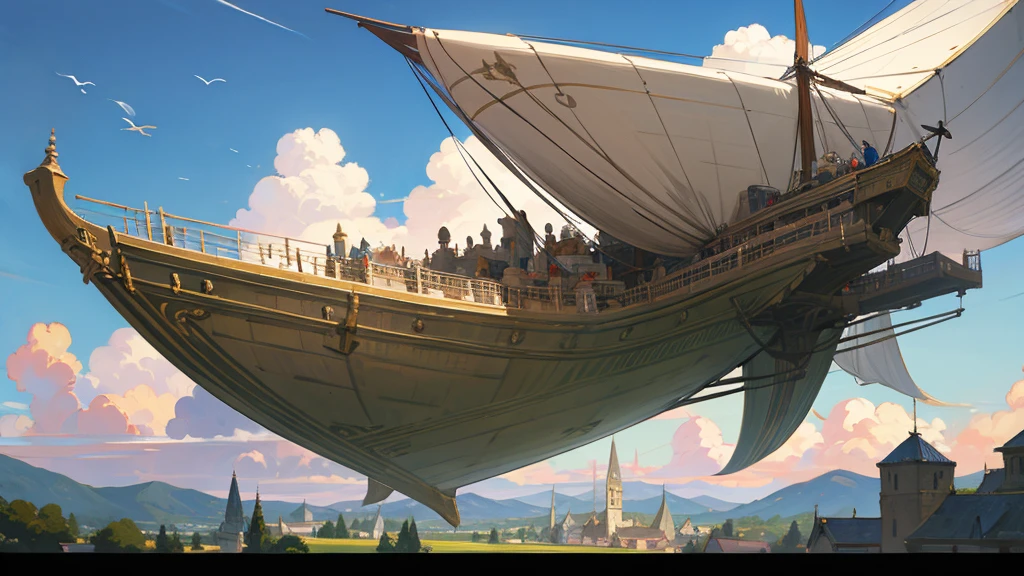 Anime Style,Nostalgic,Detailed background,The medieval world,Airship,Beautiful sky,Beautiful Elf with a Bard's Smile,guitar,Large Breasts,Healthy thighs