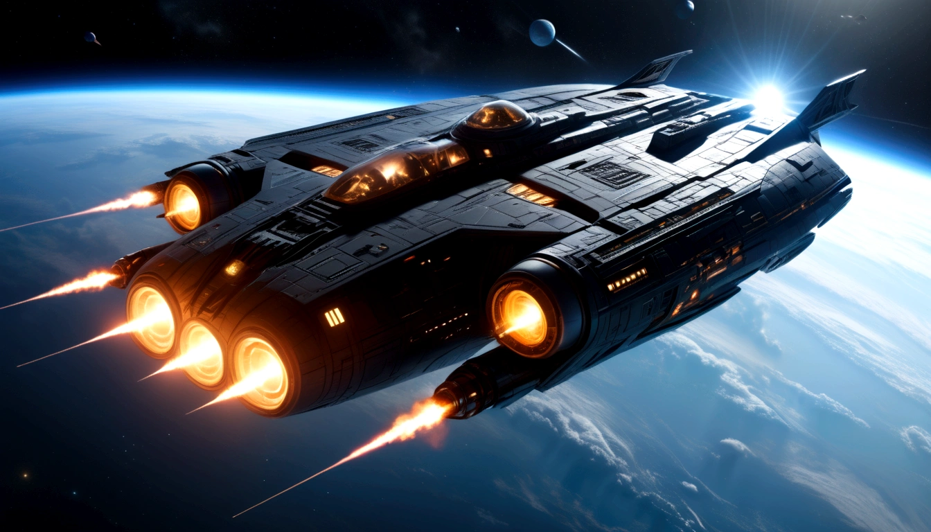 A futuristic space battle scene, a graceful fighter spacecraft, sleek and aerodynamic, with glowing engines and advanced weaponry, engaging in an epic confrontation with a massive, ominous death star-like structure, dramatic lighting, cinematic camera angles, intricate details, highly realistic, vibrant colors, dramatic lighting, cinematic composition, (best quality,4k,8k,highres,masterpiece:1.2),ultra-detailed,(realistic,photorealistic,photo-realistic:1.37),cinematic lighting,dramatic shadows,glowing energy weapons,spacecraft with detailed engines and hull plating,imposing death star-like structure,vast expanse of space with stars,sense of scale and grandeur