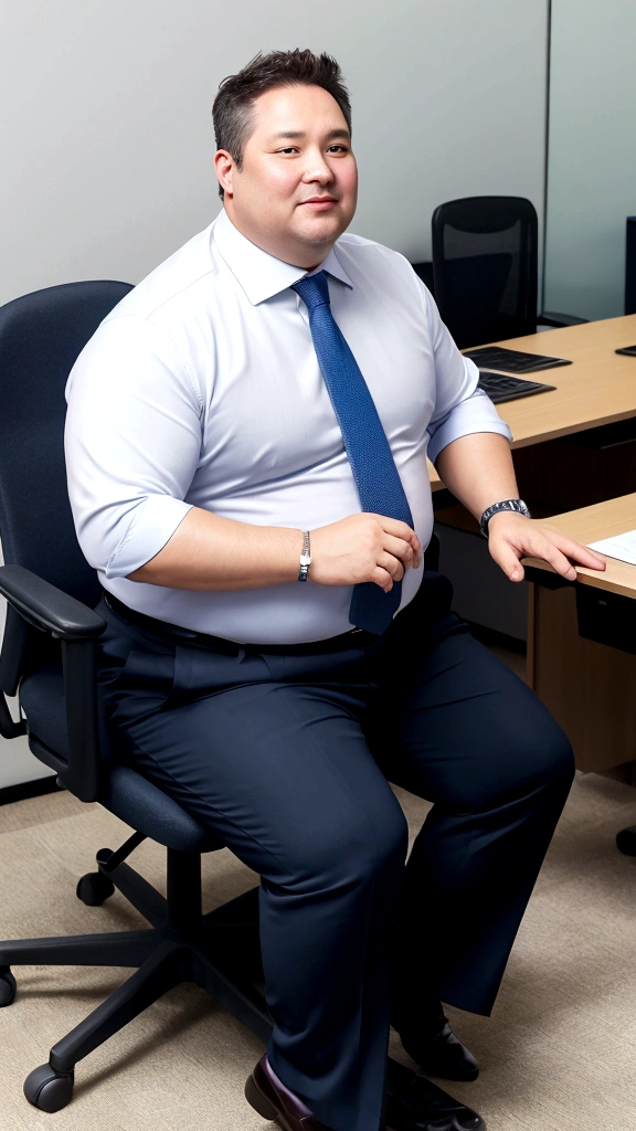 high quality,ultra detailed,best quality,Fat man,50 years old,detailed face, business shirt transparent with sweat,office,sitting on chair,full body, Sweaty,chubby,