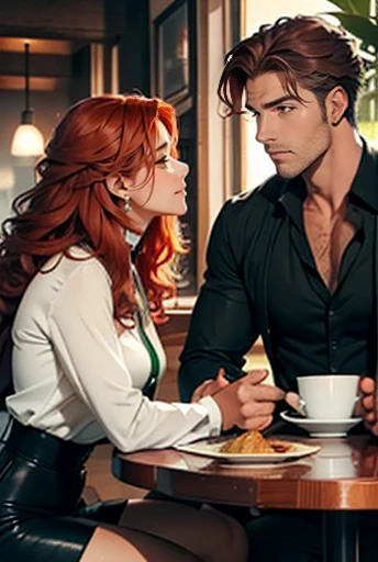 The picture shows a couple: 1 man (A tall, handsome, courageous adult red-haired man with green eyes, tanned skin, long curly copper-red hair), sitting at a table in a restaurant with 1 woman (an incredibly handsome young femme fatale brunette, she has blue eyes, short black hair). They're in love.