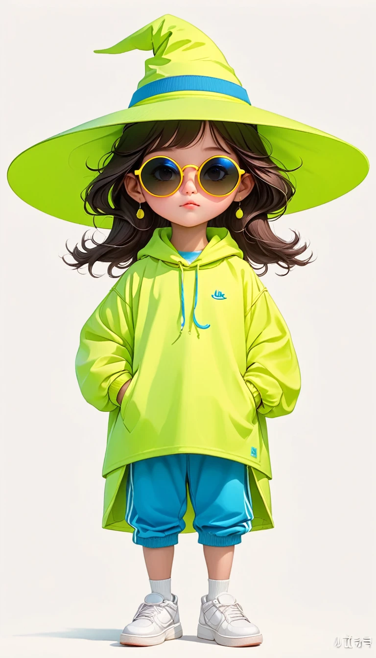 Thierry Muller (Thierry Muller) style,Liu Ye style,1 ,Lolita image,Loose hip-hop clothing,Giant wide-brimmed wizard hat,contour,(((Neon Round Sunglasses))),Can't see the eyes,大面积Blank,Minimalist composition,Blank,White background,Chinese painting style,