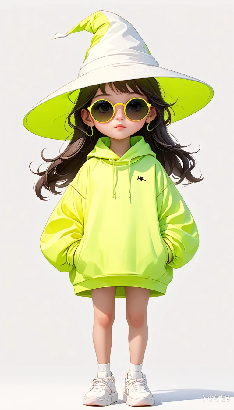 Thierry Muller (Thierry Muller) style,Liu Ye style,1 ,Lolita image,Loose hip-hop clothing,Giant wide-brimmed wizard hat,contour,(((Neon Round Sunglasses))),Can't see the eyes,大面积Blank,Minimalist composition,Blank,White background,Chinese painting style,