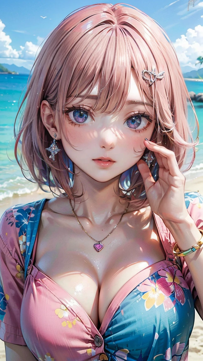(Masterpiece, BestQuality:1.3), (ultra detailed:1.2), (hyperrealistic:1.3), (RAW photo:1.2), High detail RAW color photo, professional photograph, (Photorealistic:1.4), (realistic:1.4), (Pink Hair:1.5), professional lighting, perfect anatomy, (Big Breasts:1.2), (blush, detailed face), (cheerful Smile:1.5), Trending Hair&Trending Hairカラーをランダムに, earrings, necklace, bracelet, sexly, erotic sexly, Random sexy gravure poses, (Aloha shirt woman、Background is a beach bar、Happy smile、Short Bob、Shirt pulling pose:1.3)