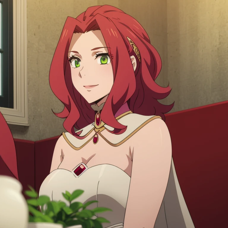 A woman wear wedding dress, white dress, long hair, red hair, green eyes, smile, blush, ultra resolution , perfect, very detailed, work of art, 4k hd