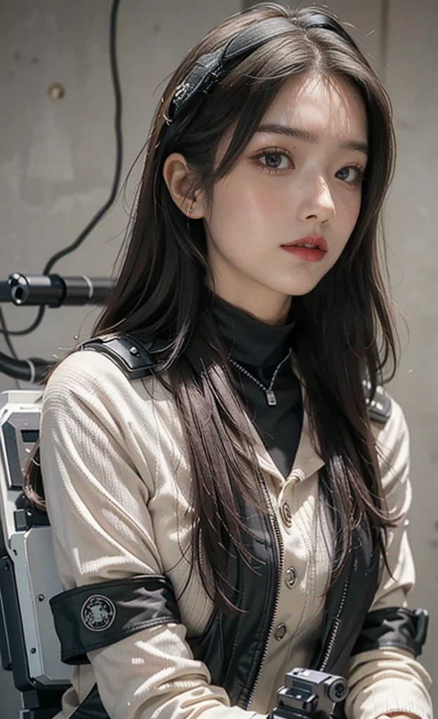 Highest image quality, Outstanding details, Ultra-high resolution, (realism: 1.4), ((close up:0.75)), Best example, Favor the details, Highly concentrated 1lady, 20 years old, beatiful and delicate face, Eyes with spirit,Long hair,Temperament,Perfect proportion,full-body shot (upright, Normal breast, Chubby:0.4), (Wear, Black-gray mech, Military wiring harness, Holding a machine gun), team leader, Simple gray wall background,