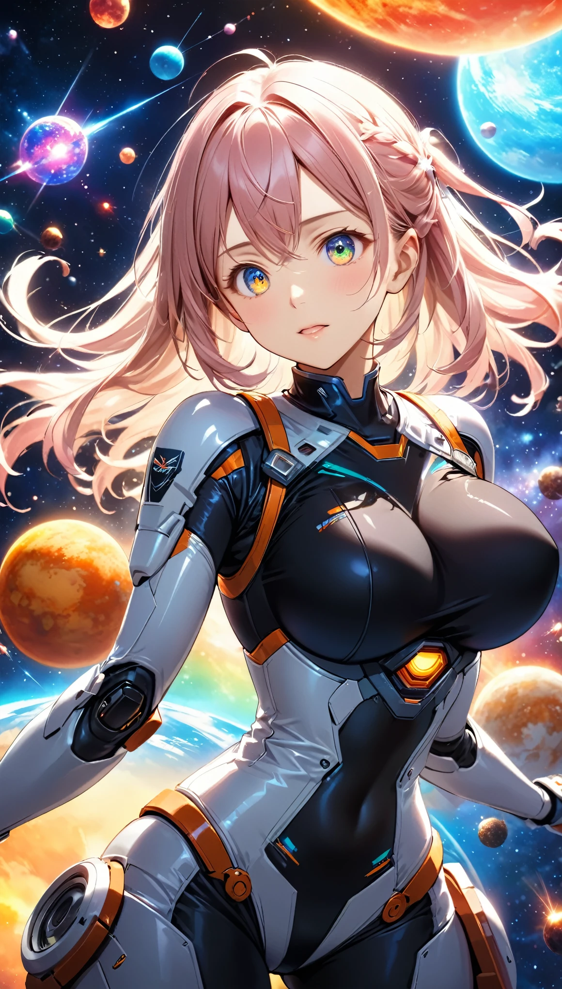 Highest quality, Highest quality, 16K, Unbelievably absurd, Very detailed, 2.5D, delicate and dynamic, universe, ロボットwar, war, , Brightly colored planet, Tiny faint lights and colorful meteors, space ships, universeステーション, Very delicate facial expressions, Delicate eye depiction, Upper body close-up,, erotic, dynamic sexy poses, Only sexy women, Healthy body shape, 22-year-old woman, Fighter pilot, Height: 170cm, Large, firm, swaying bust, A robot suit with a complex structure, Robot Suzu with complex colors, Tight robot suit, , Movie battle scenes, , Preparation for deployment