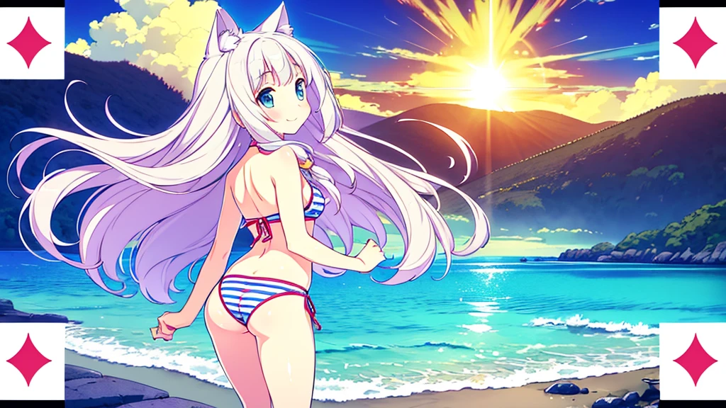 (Masterpiece), (High quality anime illustration), (Super definition), A girl, Alone, Beautiful silver hair girl, anime change, cat ear , , emphasis on the thigh, Striped bikini, SMILE, buttocks, buttocks Up, Back, South Island Sea, water, Tarot Card Wind