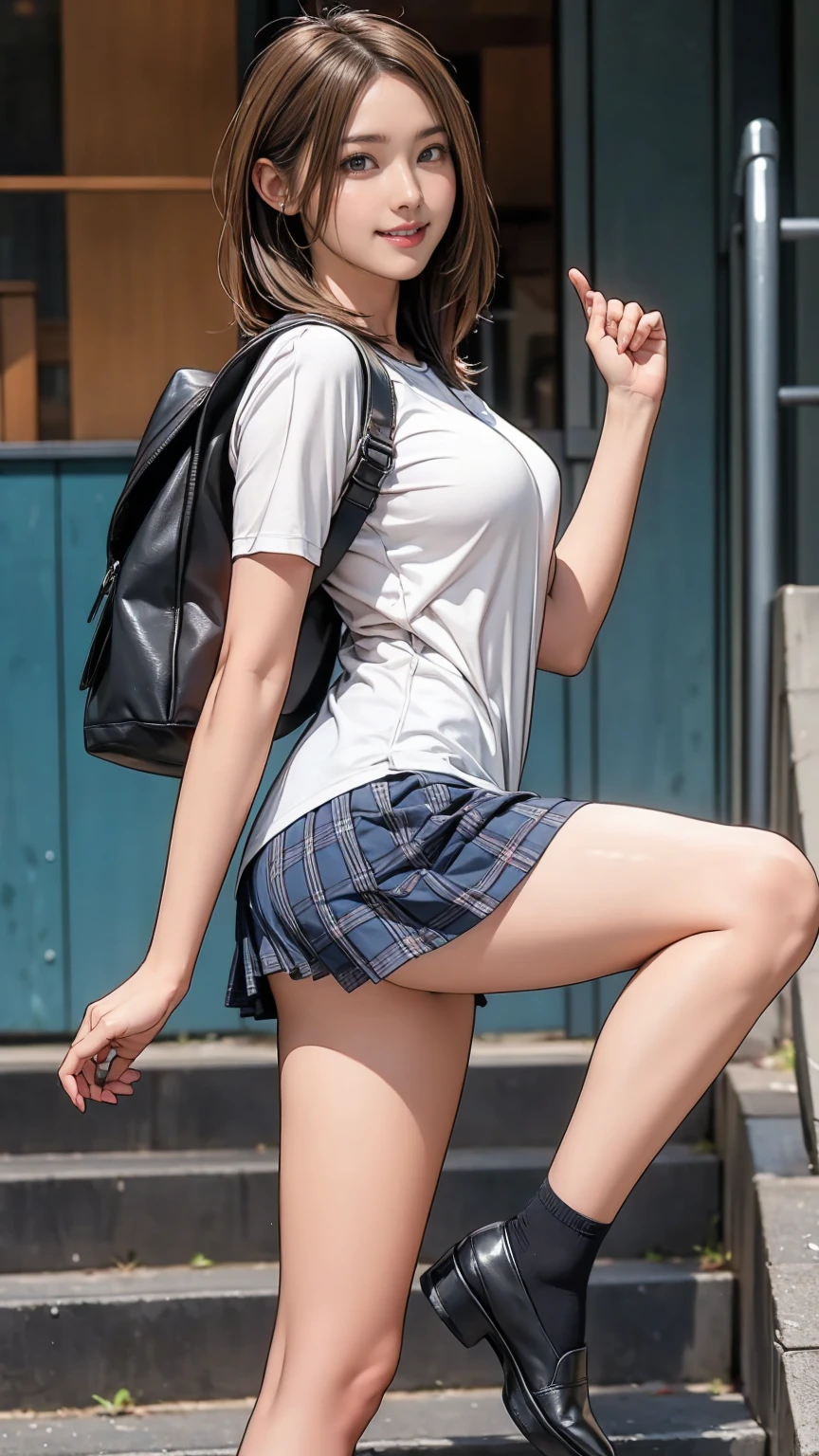 ((masterpiece)),(((Highest quality))),Thin thighs,Long legs,An 18-year-old high school girl standing on the school steps,White shirt,Blue and red plaid mini skirt:1.5,The best smile,White panties:1.5，Short-cut blonde:1.5，short side waves，Carrying a black backpack，wear black loafers，Legs spread and butt sticking out pose:1.5，