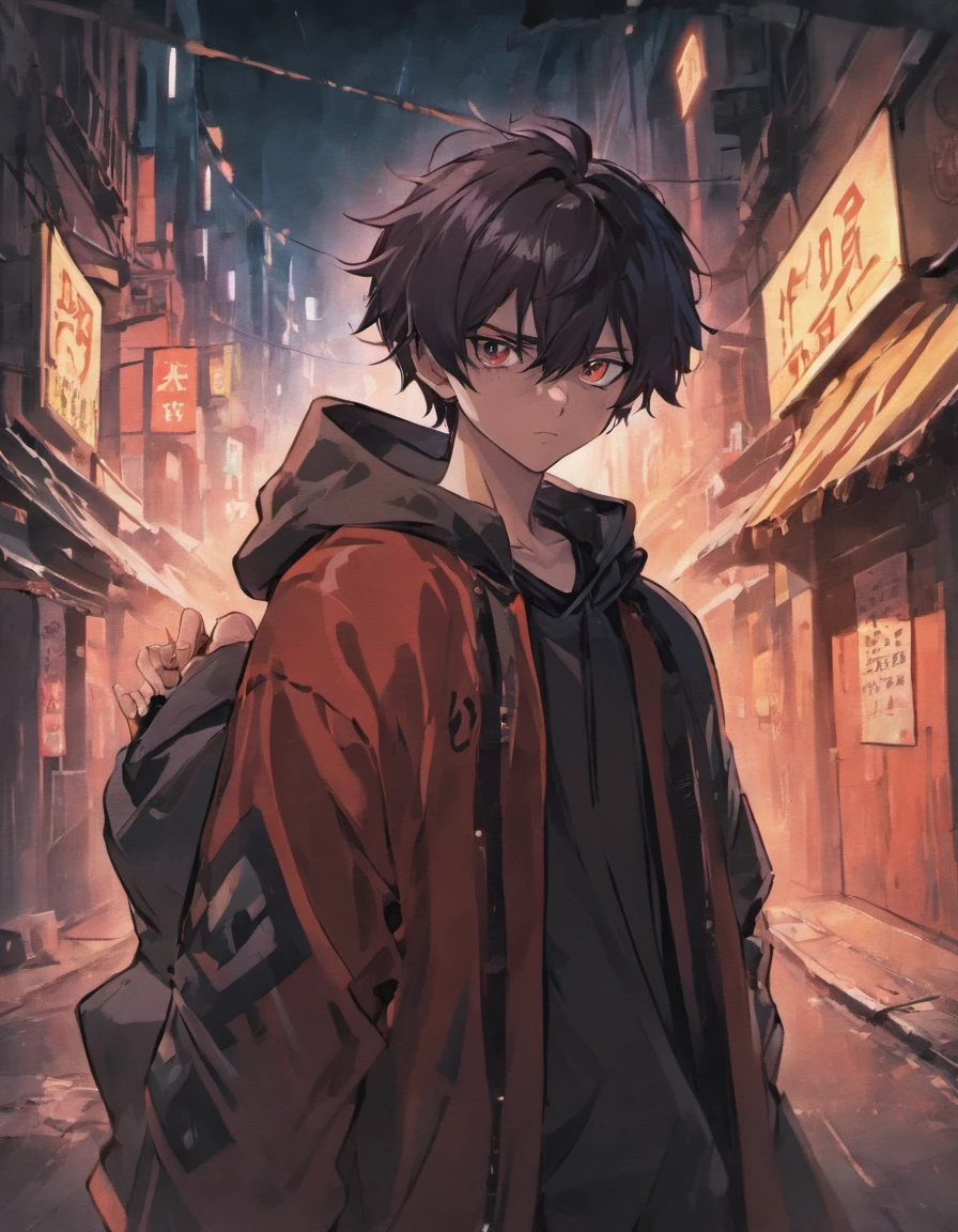 A man in a dark street with a black hood and a spray can with the right fist up and the word REVOLUTION