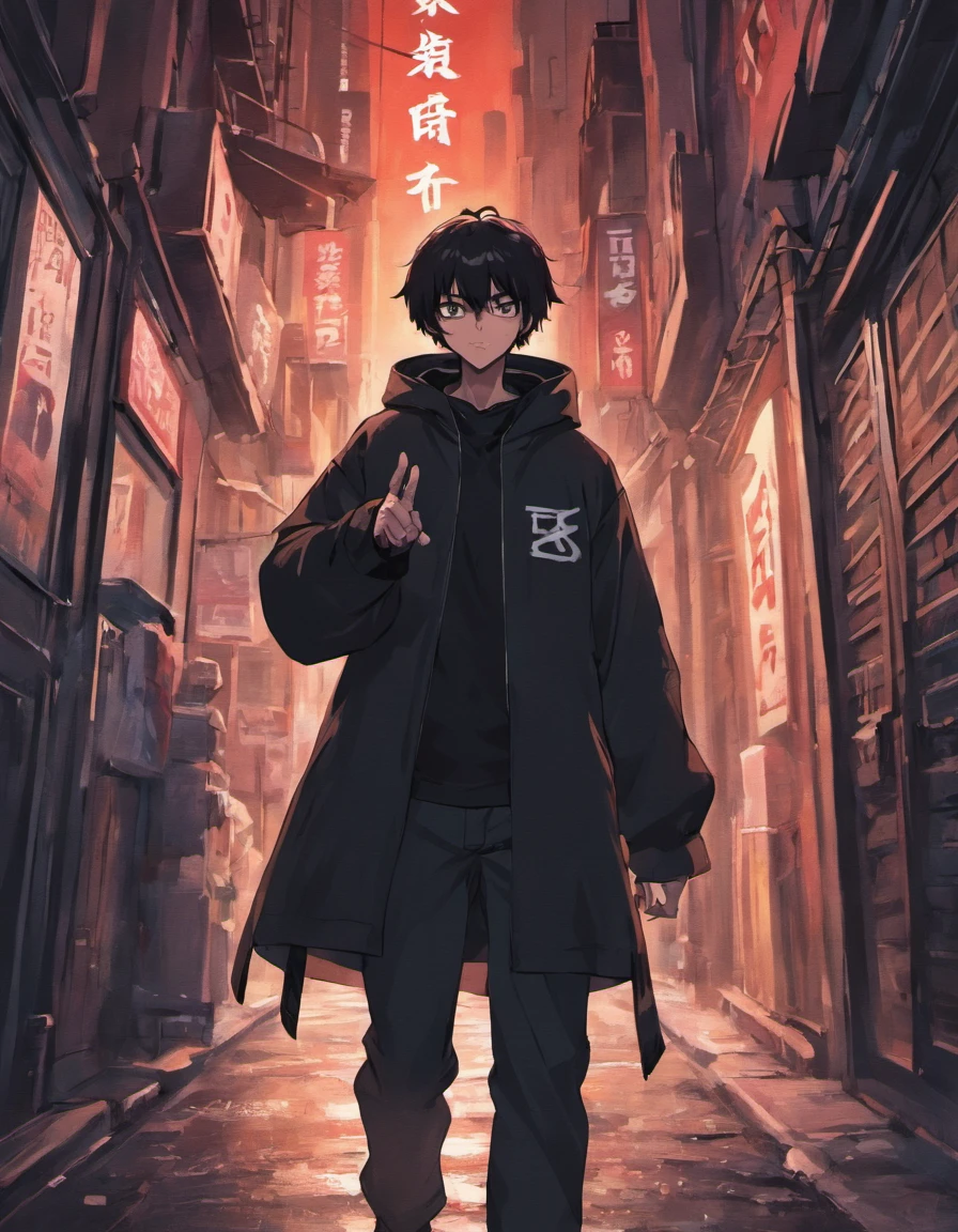 A man in a dark street with a black hood and a spray can with the right fist up and the word REVOLUTION