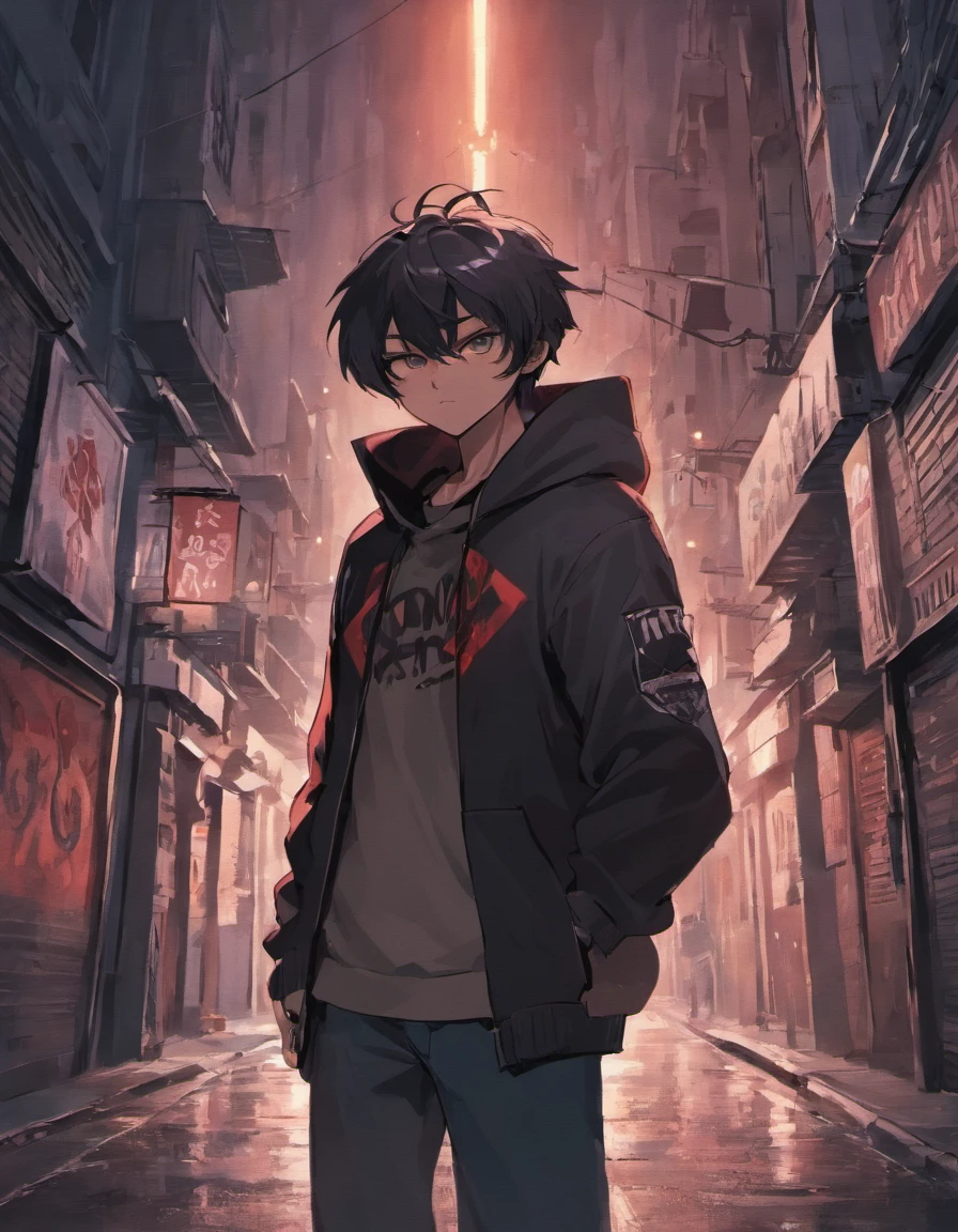 A man in a dark street with a black hood and a spray can with the right fist up and the word REVOLUTION