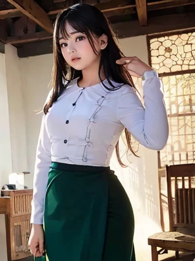 masterpiece, best quality, high resolution:1.2), (photorealistic:1.2), (intricate and beautiful:1.2), (detailed light:1.2), (soft lighting), (colorful, dynamic angle), upper body shot, fashion photography, 1girl, beautiful young girl, perfect face, long hair, perfect body, confident and alluring pose, exuding sensuality and charm, ultra detailed, photo realistic, hyper realism, realistic, standing, flowers surrounding background, (((wearing acmmsayarma outfit, acmmsayarma without top with buttons, long sleeves, ((acmmsayarma green long skirt))), Burmese girl.