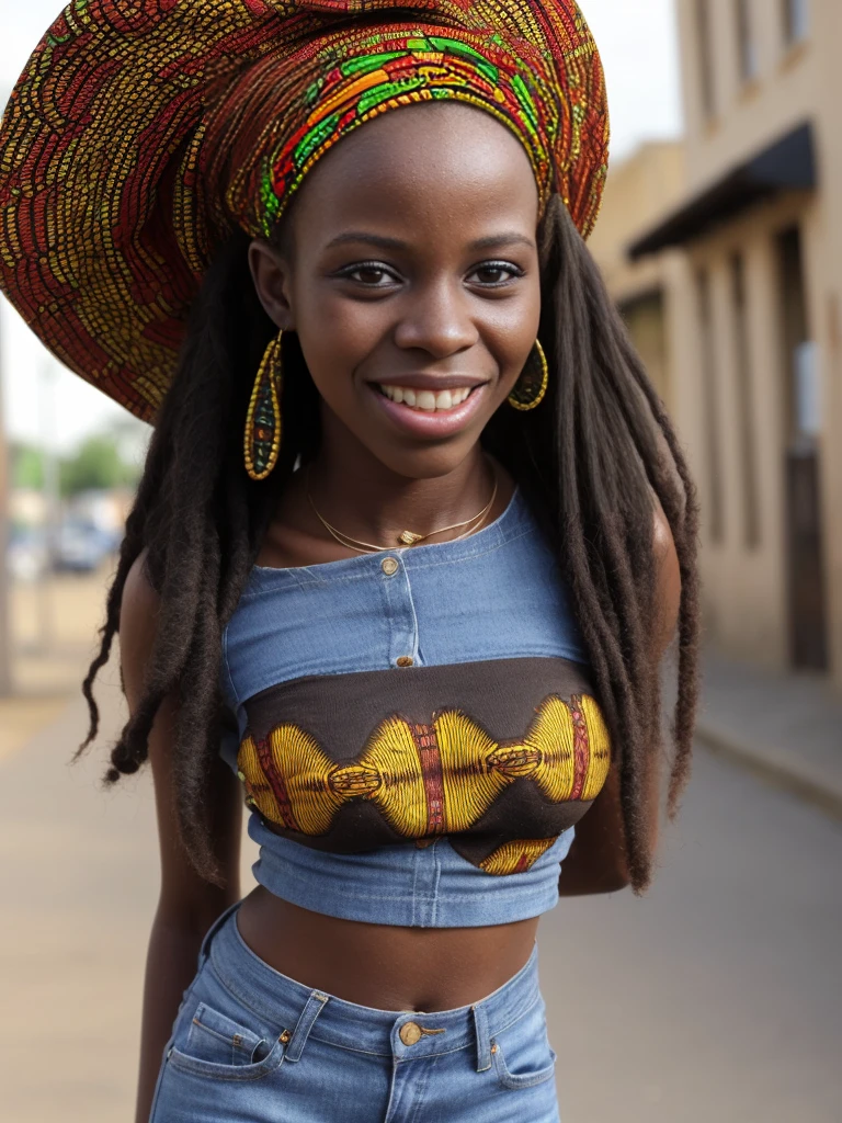 1girl, photorealistic, realistic, long hair, (ugly:1.8), (((african woman))), ((african lips))), (((african forehead))), (((african lips))), (((19 year old woman))), (((african))), african hat, african necklace, african bracelet, laughing, walking on the street, wearing t-shirt and jeans
