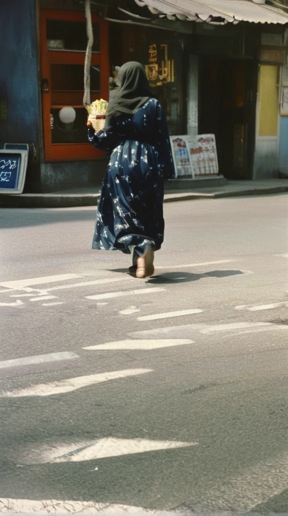 [art by Fritz Lang and Abbas Kiarostami::10], photograph, in this surreal scene, there's a female in hjab and floral dress crossing a busy street in Seoul, 50s Art, Light and shadow plays, film grain, Ilford HP5, 800mm lens, Sepia filter, (key visual, cinematic white Color grading)