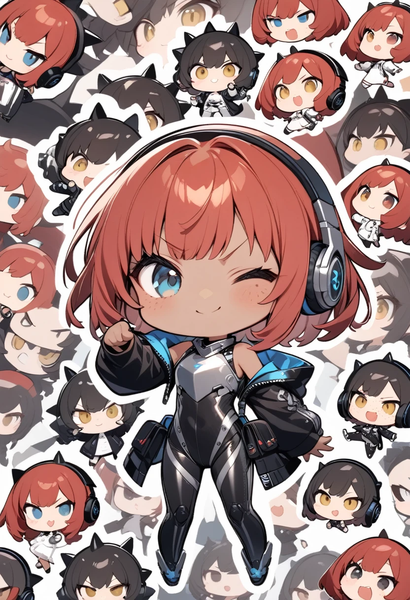 full body,1 girl,(cute:1.3),short, spiky, red Hair, left eye yellow, right eye blue, tan skin, freckles,{White breastplate, Black futuristic headphones, Mechanical black glossy metallic Bodysuit, Bare shoulders, oversized jacket, Glossy, shiny material,chibi emote, chibi character, angry pose, fighting villian pose