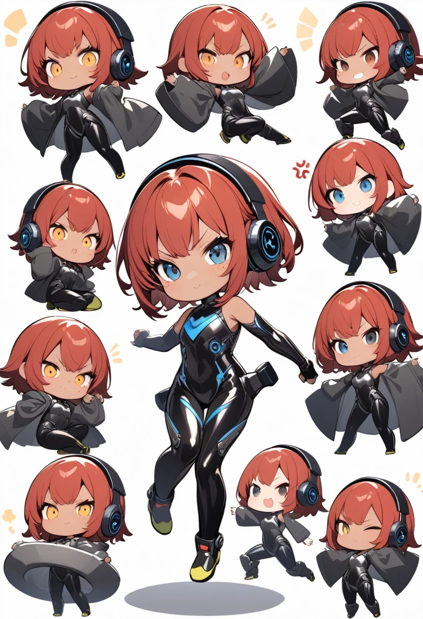 full body,1 girl,(cute:1.3),short, spiky, red Hair, left eye yellow, right eye blue, tan skin, freckles,{White breastplate, Black futuristic headphones, Mechanical black glossy metallic Bodysuit, Bare shoulders, oversized jacket, Glossy, shiny material,chibi emote, chibi character, angry pose, fighting villian pose
