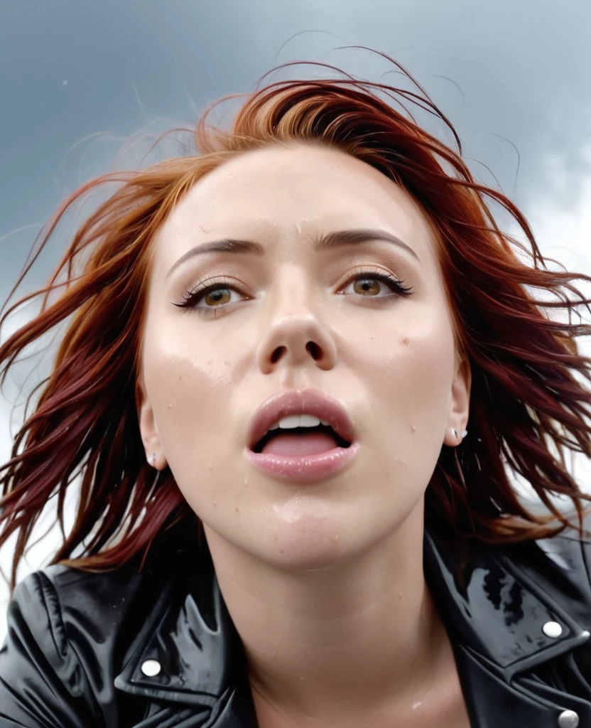 1 girl. Scarlett Johanson. Red hair. Black jacket. Neckline. Sweating. Perspiration. Wet. Orgasm face. Open mouth. Looking to the camera. Cloudy sky. Looking down. Low angle. At chest height. ((View from below))