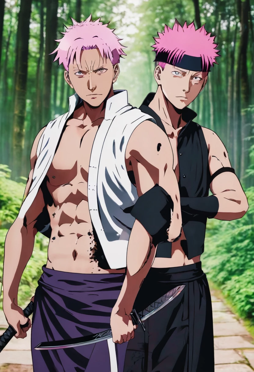 Manip in a perspective of two men one with muscular toji cosplay and the other with sukuna cosplay from jujutsu kaisen, short hair, pink hair and black hair, with toji holding a short sword and sukuna with half naked torso