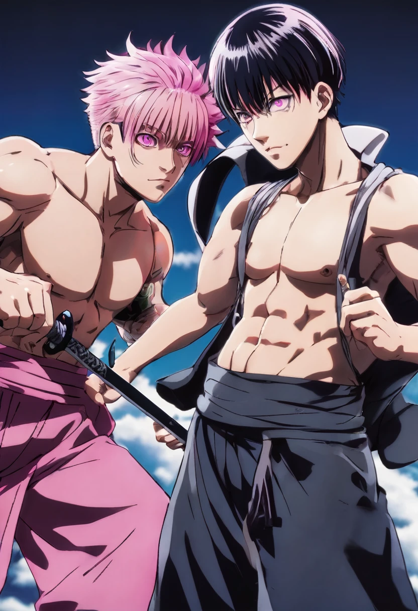 Manip in a perspective of two men one with muscular toji cosplay and the other with sukuna cosplay from jujutsu kaisen, short hair, pink hair and black hair, with toji holding a short sword and sukuna with half naked torso