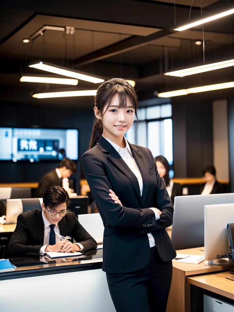 masterpiece、超High resolution、She is very cute and young like an idol...々Cute 18 year old business woman、Gentle and cute、A kind smile、bikini、Medium Bust、(((bikini姿の沢山の女性従業員が働く)))、((Male employees are in suits))、((Working in an office with a business desk in a building)).　whole body、RAW Photos、Genuine、High resolution、Live Action