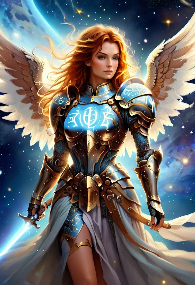 arafed a warrior angel in space battling in the stars, a female angel knight, magnificent beauty, divine beauty, dynamic hair color, dynamic hair color, dynamic eye color, intent gaze, she wears intricate space armor, with intricate mechanic parts, white angelic wings spread, magnificent wings, glorious wings, outer space background, outer space background, stars, aetherpunkai, GlowingRunesAI_paleblue