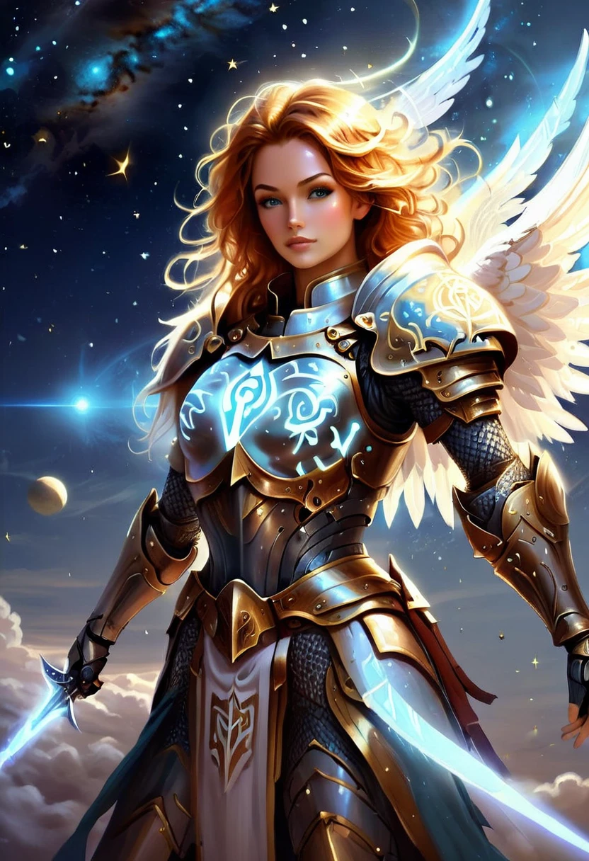 arafed a warrior angel in space battling in the stars, a female angel knight, magnificent beauty, divine beauty, dynamic hair color, dynamic hair color, dynamic eye color, intent gaze, she wears intricate space armor, with intricate mechanic parts, white angelic wings spread, magnificent wings, glorious wings, outer space background, outer space background, stars, aetherpunkai, GlowingRunesAI_paleblue