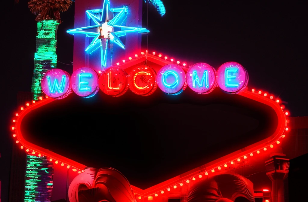 welcome to las vegas sign neon star and red lettering in the style of Frank miller's sin city
