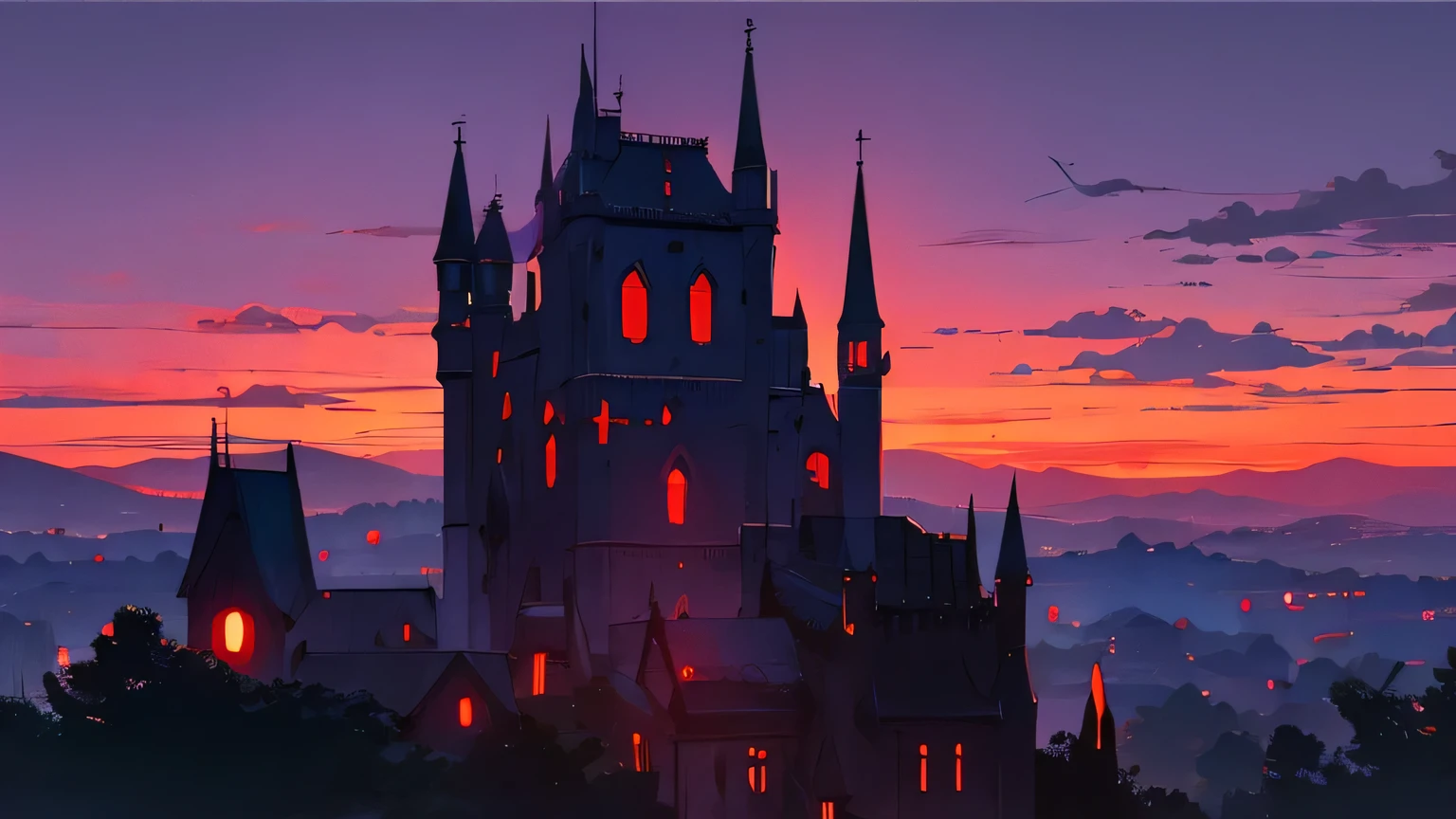 A vampire night in the night, a dark castle, red sunset and lots of bats in the background