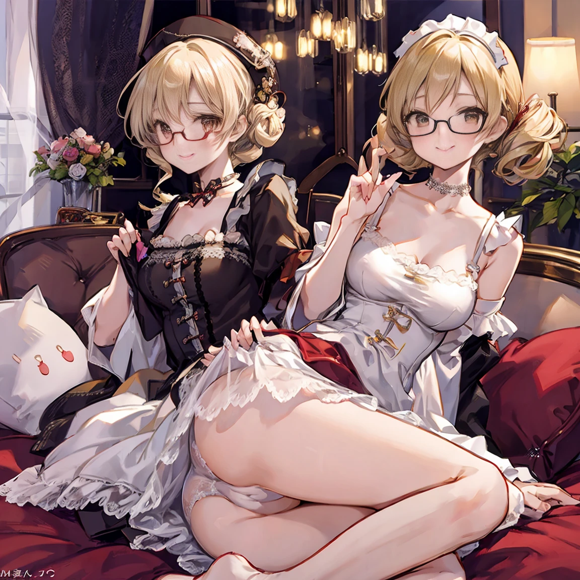 Slim woman wearing glasses、Show your underwear、Sheer lace underwear、Long maid outfit、Mami Tomoe、smile、Bedroom
