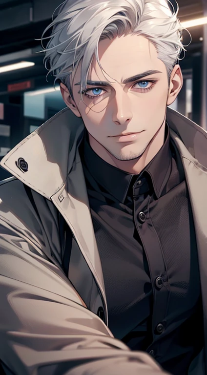 (best quality,4k,8k,highres,masterpiece:1.2),ultra-detailed,(realistic,photorealistic,photo-realistic:1.37),1 man,31 years old,mature man,very handsome,without expression,smile,short grey white hair,blue eyes,penetrating gaze,perfect face without errors,imposing posture,businessman,office background,cinematic lighting,hdr image