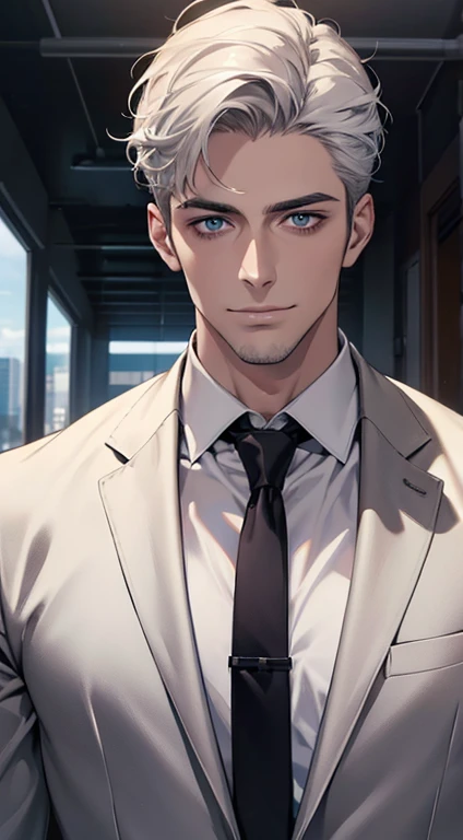 (best quality,4k,8k,highres,masterpiece:1.2),ultra-detailed,(realistic,photorealistic,photo-realistic:1.37),1 man,31 years old,mature man,very handsome,without expression,smile,short grey white hair,blue eyes,penetrating gaze,perfect face without errors,imposing posture,businessman,office background,cinematic lighting,hdr image