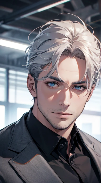 (best quality,4k,8k,highres,masterpiece:1.2),ultra-detailed,(realistic,photorealistic,photo-realistic:1.37),1 man,31 years old,mature man,very handsome,without expression,smile,short grey white hair,blue eyes,penetrating gaze,perfect face without errors,imposing posture,businessman,office background,cinematic lighting,hdr image