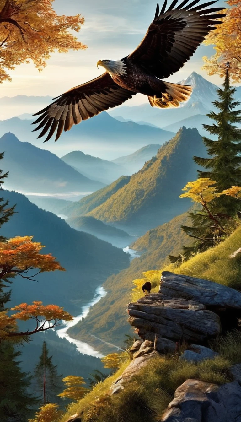 Mountains and forests,There is a kind of beast,Looks like a hawk,The eagle's claws are like a pair of human hands(best quality,4K,8K,High level,masterpiece:1.2),Ultra Detailed,(lifelike,Photo real,Photo real:1.37),Highly detailed animals,Realistic lighting,Fantasy Creatures