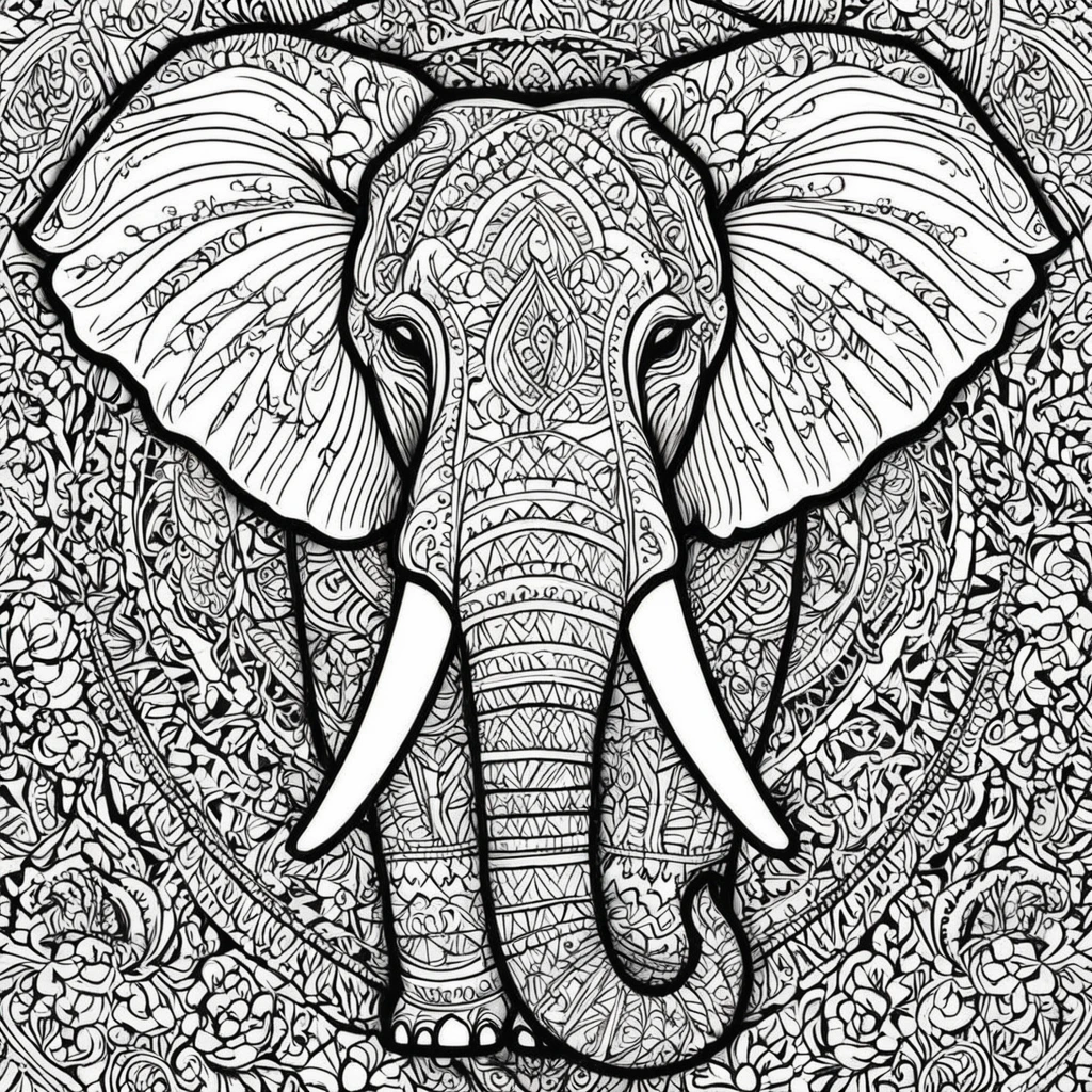 Coloring pages for adultandala pattern[elephant]Face、No outer frame。No background。Face only。