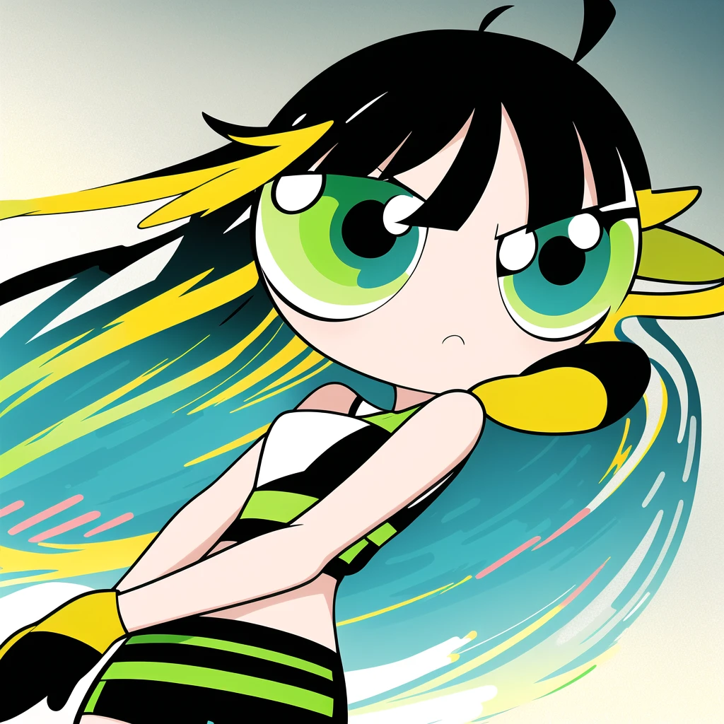 ((solo)), jianxindef, (long hair, gradient hair, black hair:1.3), chibi, 1girl, multicolored hair , green eyes,  gloves, jewelry, black shorts, asymmetrical gloves, (upper body),