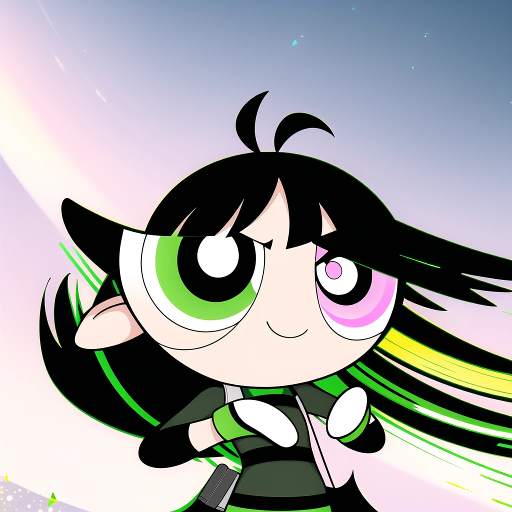 ((solo)), jianxindef, (long hair, gradient hair, black hair:1.3), chibi, 1girl, multicolored hair , green eyes,  gloves, jewelry, black shorts, asymmetrical gloves, (upper body),