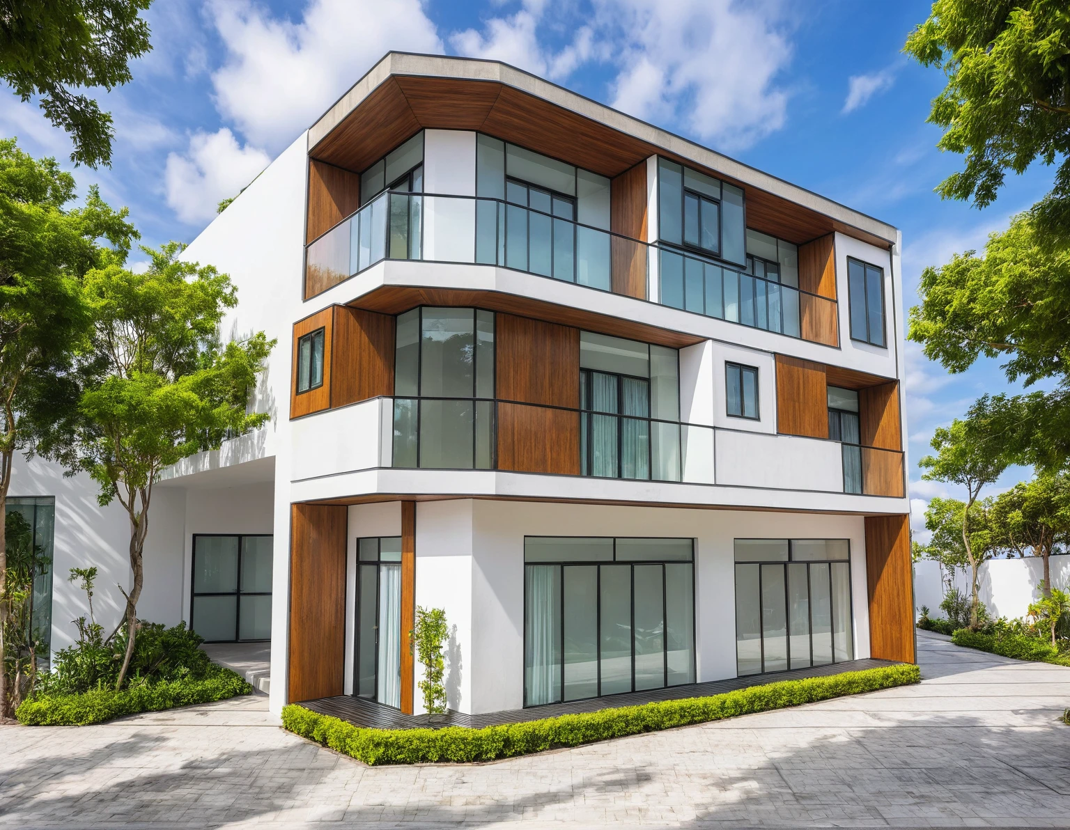 modern villa on street, (daylight), tropical tree, vivid colour, streetcapes, white tone, white wall, large glass door, warm interior lighting, wood and marble, best quality, 17ArchiAI_XL_VL-v1